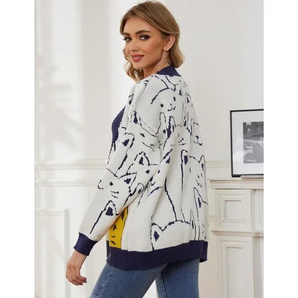 Cat Sweater for Women Oversized Button Down V Neck Knit Cardigan Cute Kawaii Car - Picture 5 of 7